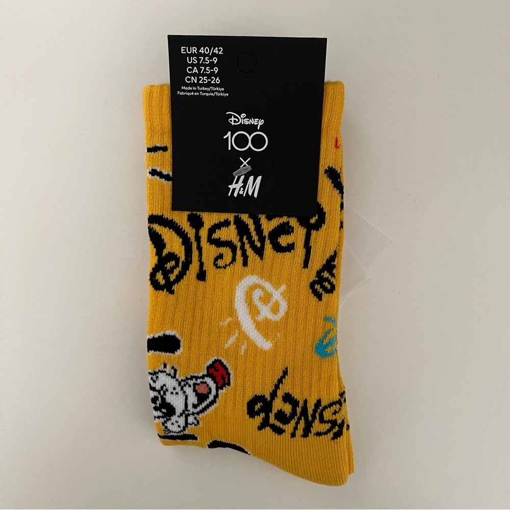 New NWT Disney 100 x H&M Mickey Mouse Yellow Motif-detail Crew Socks 7.5 - 9 US